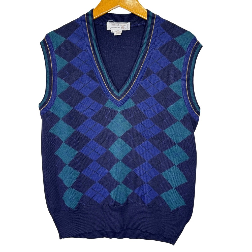 Vintage tricots st. raphael Wool Argyle Sweater Vest Mens Large Blue